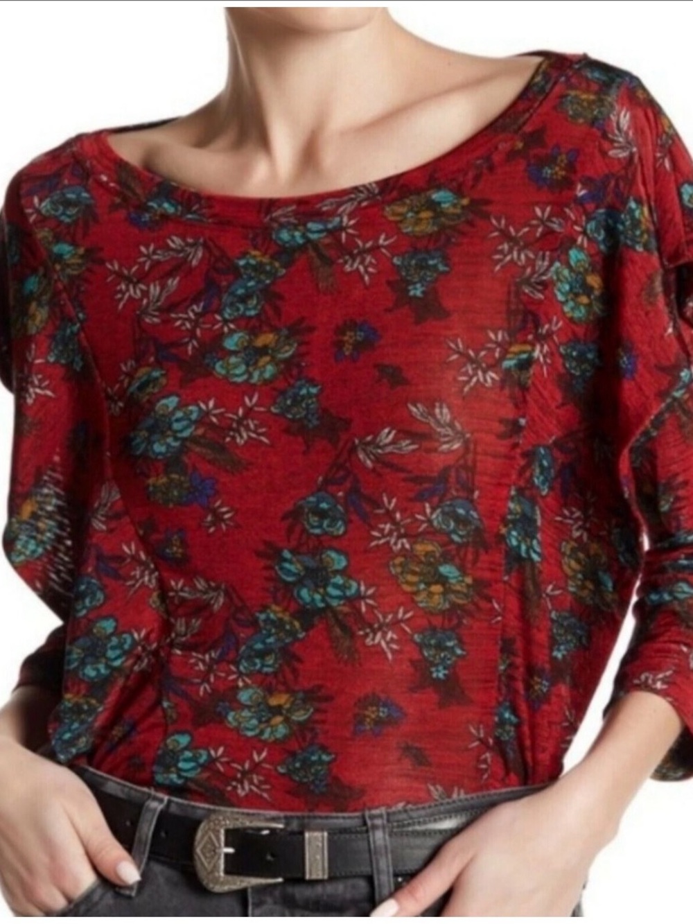 Free People Red Floral Dock Street Knit Blouse burgundy ruffled small